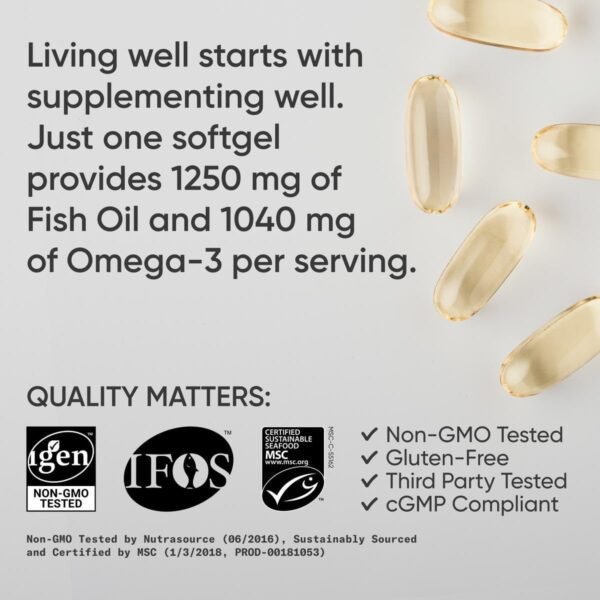 Sports Research Triple Strength Omega 3 Fish Oil - Burpless Fish Oil Supplement w/EPA & DHA Fatty Acids from Single-Source Wild Alaskan Pollock - 1250 mg, 90 ct - Image 4