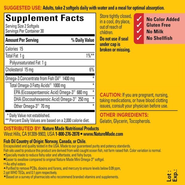 Nature Made Extra Strength Burp Less Fish Oil Omega 3 Supplements 1400 mg Minis, Omega 3 Fish Oil as Ethyl Esters for Healthy Heart Brain Eyes Support, 60 Softgels, 30 Day Supply - Image 5
