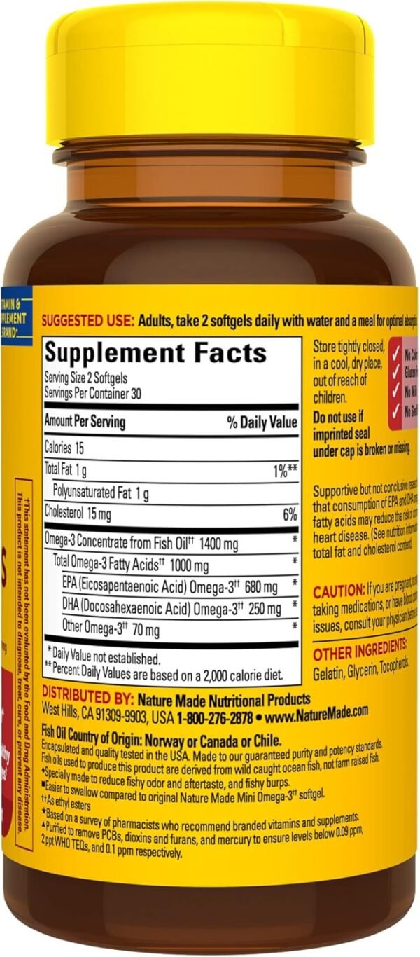 Nature Made Extra Strength Burp Less Fish Oil Omega 3 Supplements 1400 mg Minis, Omega 3 Fish Oil as Ethyl Esters for Healthy Heart Brain Eyes Support, 60 Softgels, 30 Day Supply - Image 9