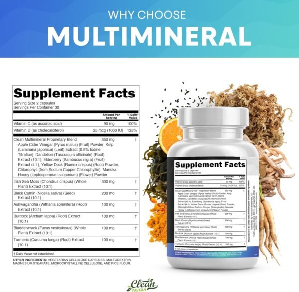 Clean Nutraceuticals Sea Moss Black Seed Oil Ashwagandha Turmeric Bladderwrack Burdock & Vitamin C Vitamin D3 with Elderberry Manuka Dandelion Yellow Dock Iodine Chlorophyll ACV - Image 4