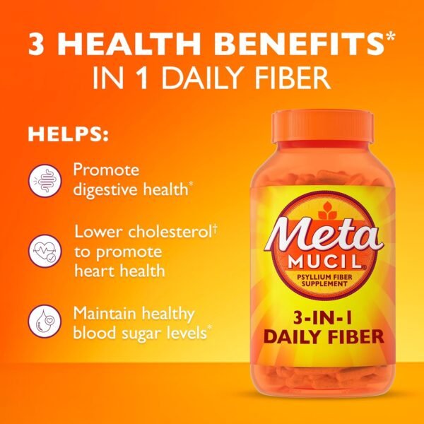 Metamucil, Daily Psyllium Husk Powder Supplement, 3-in-1 Fiber for Digestive Health, Plant Based Fiber, 300ct Capsules - Image 3