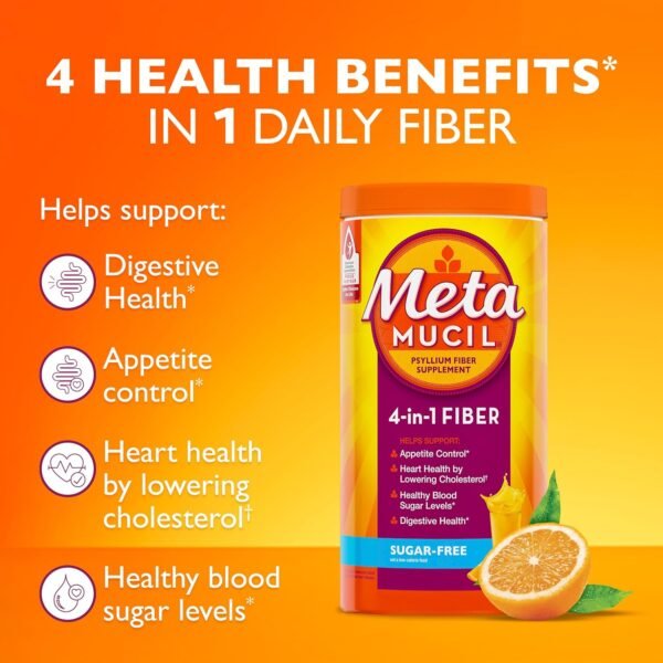Metamucil 4 in 1 Daily Fiber Supplement Powder, Fiber Powder for Digestive Health and Regularity*, Sugar-Free, Orange, Naturally Sourced Psyllium Fiber, 180 teaspoons - Image 3