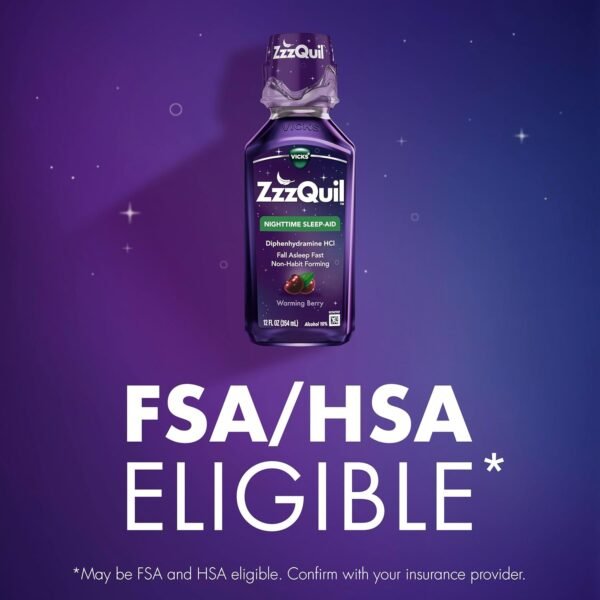 ZzzQuil, Sleep Aid, Nighttime Sleep Aid Liquid, 50 mg Diphenhydramine HCl, Fall Asleep Fast, Non-Habit Forming, Warming Berry Flavor, 12 FL OZ (Pack of 2) - Image 8