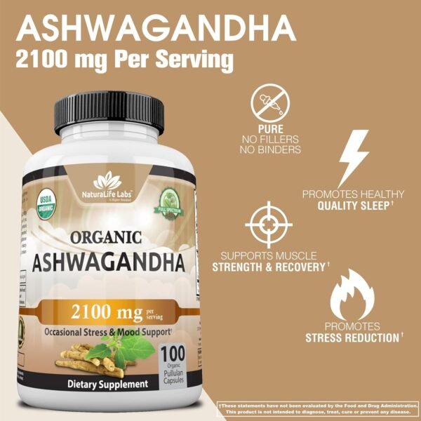 Organic Ashwagandha 2,100 mg - 100 Veggie Capsules Pure Organic Ashwagandha Powder and Root Extract - Stress Relief, Mood Enhancer - Image 3