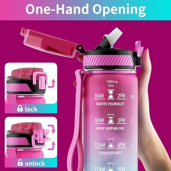 Water Bottle with Straw, 32oz Motivational Water Bottles with Time Marker to Drink, Tritan BPA Free, 1L Sports Water Bottle with Carry Strap LeakProof for Women Gym Fitness Outdoor (1 Pack) - Image 3