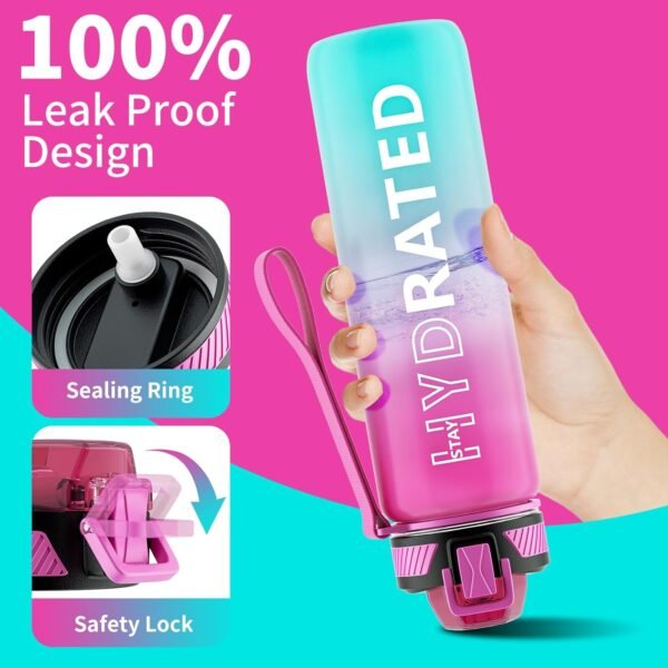 Water Bottle with Straw, 32oz Motivational Water Bottles with Time Marker to Drink, Tritan BPA Free, 1L Sports Water Bottle with Carry Strap LeakProof for Women Gym Fitness Outdoor (1 Pack) - Image 4