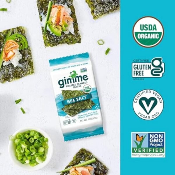 Gimme Seaweed Organic Premium Roasted Seaweed Snacks, Sea Salt, 6 Count, Keto, Vegan, Gluten-Free, Great Source of Omega3s and Iodine, Healthy On-The-Go Snack for Kids and Adults - Image 7