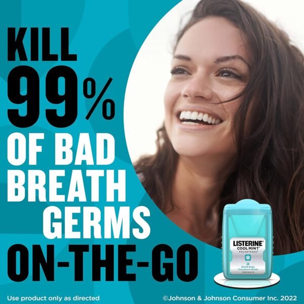 Listerine Cool Mint PocketPaks Portable Breath Strips for Bad Breath, Fresh Breath Strips Dissolve Instantly to Kill 99% of Bad Breath Germs* On-The-Go, Cool Mint, 24-Strip Pack, 3 Pack - Image 4