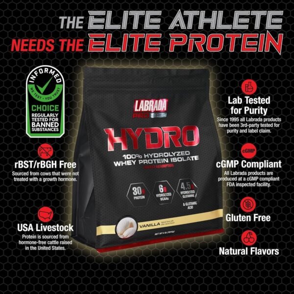 Labrada Hydro 100% Pure Hydrolyzed Whey Protein Isolate Powder, Lactose Free, Glutamine, Fastest Digesting Whey Available, Instant Mixing, Delicious Taste 48 Servings 4lb (Vanilla) - Image 3