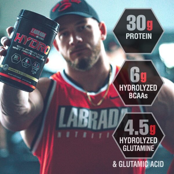 Labrada Hydro 100% Pure Hydrolyzed Whey Protein Isolate Powder, Lactose Free, Glutamine, Fastest Digesting Whey Available, Instant Mixing, Delicious Taste 48 Servings 4lb (Vanilla) - Image 4
