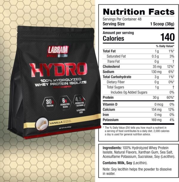 Labrada Hydro 100% Pure Hydrolyzed Whey Protein Isolate Powder, Lactose Free, Glutamine, Fastest Digesting Whey Available, Instant Mixing, Delicious Taste 48 Servings 4lb (Vanilla) - Image 6
