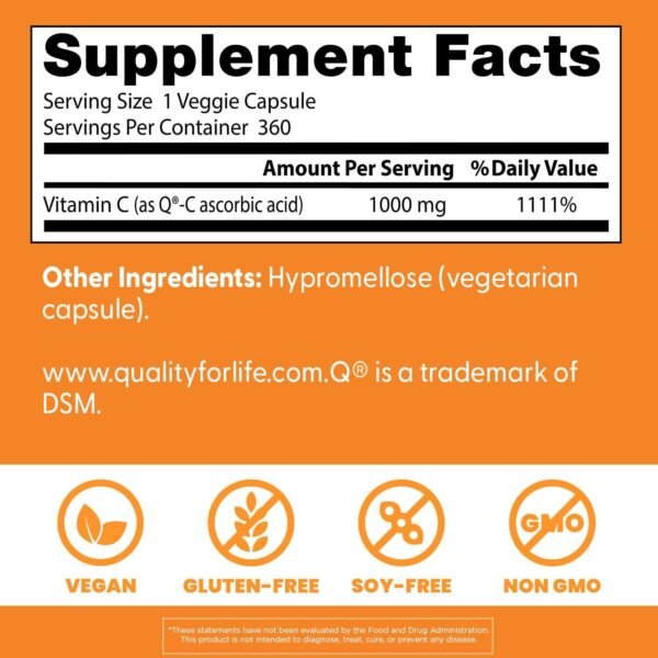 Doctor's Best Vitamin C with Q-C, Immune Support, Non-GMO, Gluten Free, Soy Free, Vegan 360 Veggie Caps - Image 3