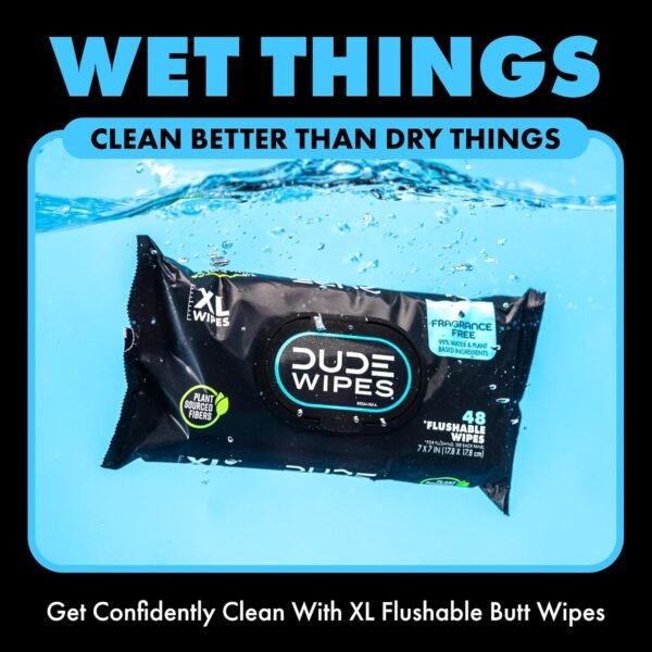 DUDE Wipes - Flushable Wipes - 3 Pack, 144 Wipes - Unscented Extra-Large Adult Wet Wipes - Vitamin-E & Aloe - Septic and Sewer Safe - Image 5