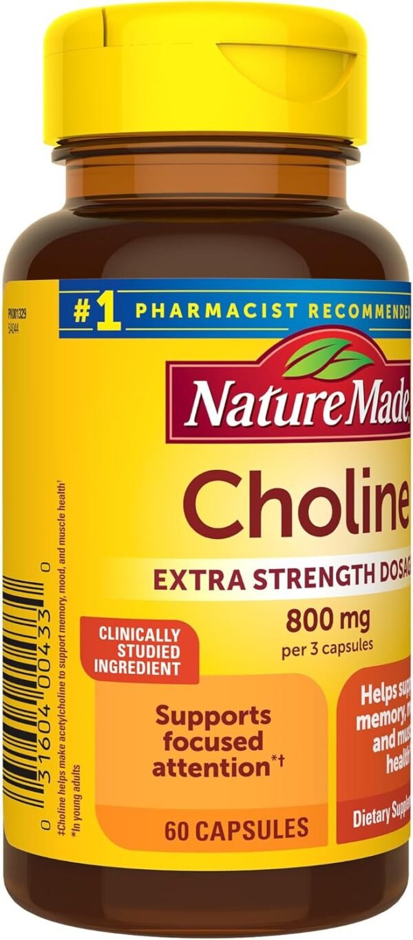 Nature Made Extra Strength Dosage Choline Supplements 800 Mg Per 3 Capsules, Brain Health, Mood, Muscle & Liver Support, Vegetarian, 60 Capsules, 20 Day Supply - Image 7