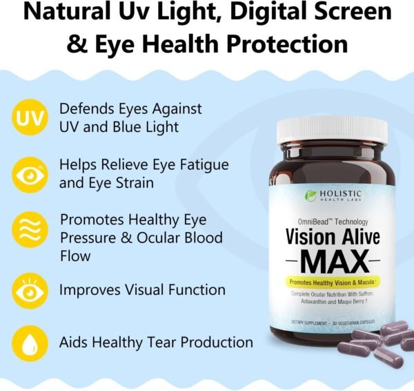 Vision Alive Max with 8 Natural Ingredients Lutemax® 2020, Bilberries, Blueberries, c3g from Black Currant, Maqui Berry, Saffron, and Astaxanthin (30 Count (Pack of 1)) - Image 4