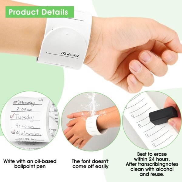 Bewudy 2 Pcs Silicone Memo Wristbands, Wearable Slap Bracelet Memo Notepad with Ruler Scale, Reusable Note Wristband with Eraser Pen, For Adult Student Teacher Nurse Daily Study Work - Image 6