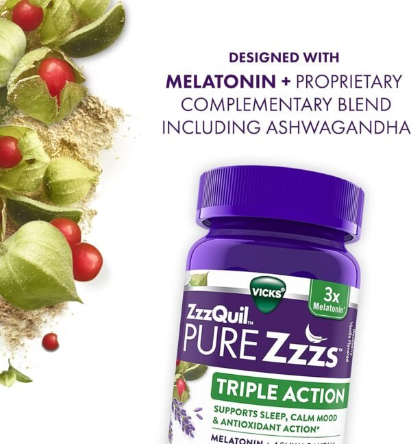 ZzzQuil PURE Zzzs Triple Action, Melatonin Gummies, Melatonin 6mg, 3X Melatonin, Sleep Aid with Ashwagandha, Calm Mood, Antioxidant Action, Sleep Aids for Adults, 60 Sleep Gummies - Image 5