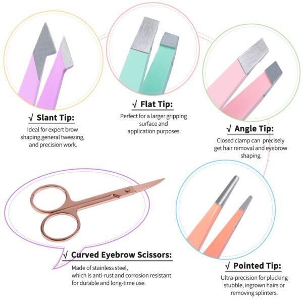 TsMADDTs 6 PCS Tweezers Set for Women, Eyebrow Tweezers with Curved Scissor for Ingrown Hair, Hair Plucking Daily Beauty Tools with Leather Travel Case - Image 3