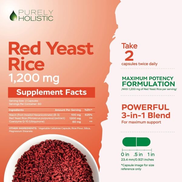 Red Yeast Rice 1200mg with CoQ10 & Flush Free Niacin 120 Vegetarian Capsules - Non Irradiated, Citrinin Free - Image 4