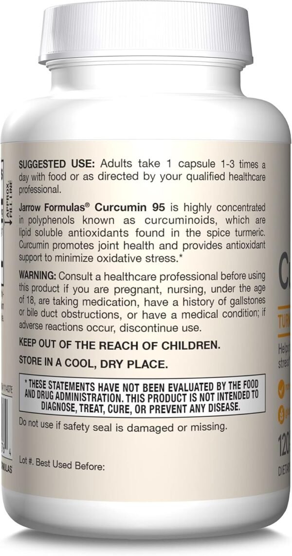 Jarrow Formulas Turmeric Curcumin Supplement - Curcumin 95, Turmeric Supplements, 500 mg for Antioxidant & Joint Support, 120 Capsules - Image 9