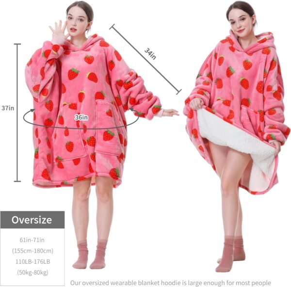Aemicion Strawberry Blanket Hoodie,Oversized Sherpa Wearable Hooded Blanket,Warm Cozy Sweatshirt Gifts for Women Girls Adult - Image 3