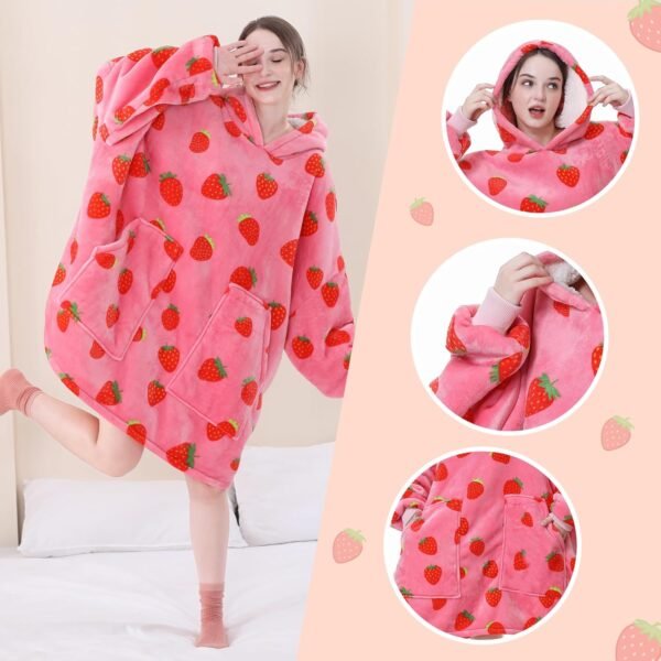 Aemicion Strawberry Blanket Hoodie,Oversized Sherpa Wearable Hooded Blanket,Warm Cozy Sweatshirt Gifts for Women Girls Adult - Image 4