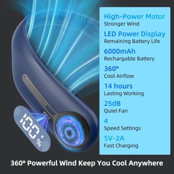 Portable Neck Fan,Personal Hands Free Bladeless Fan,360° Cooling Fan,LED Display,4-Speeds,6000mAh Rechargeable Quick,Long Use Time,Wearable Fan,Birthday Gifts for Men Women Dad Mom (Blue) - Image 3