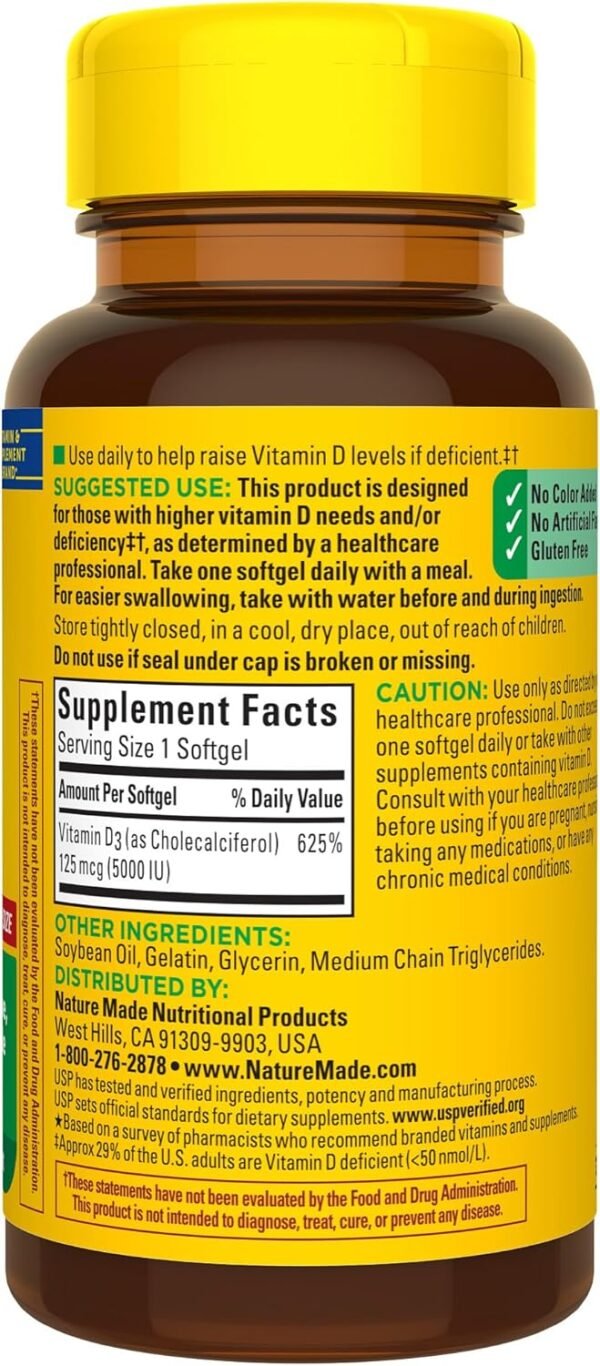 Nature Made Extra Strength Vitamin D3 5000 IU (125 mcg), Dietary Supplement for Bone, Teeth, Muscle and Immune Health Support, 180 Softgels, 180 Day Supply - Image 8