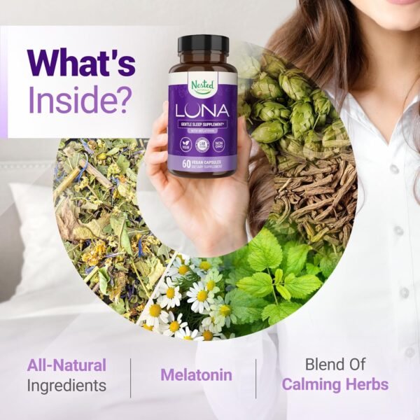 Luna Sleep Aid - Non-Habit Forming Natural Sleeping Pills for Adults with Naturally Sourced Ingredients - Valerian Root, Melatonin, Chamomile, Lemon Balm, and More - 60 Vegan Capsules - Image 4