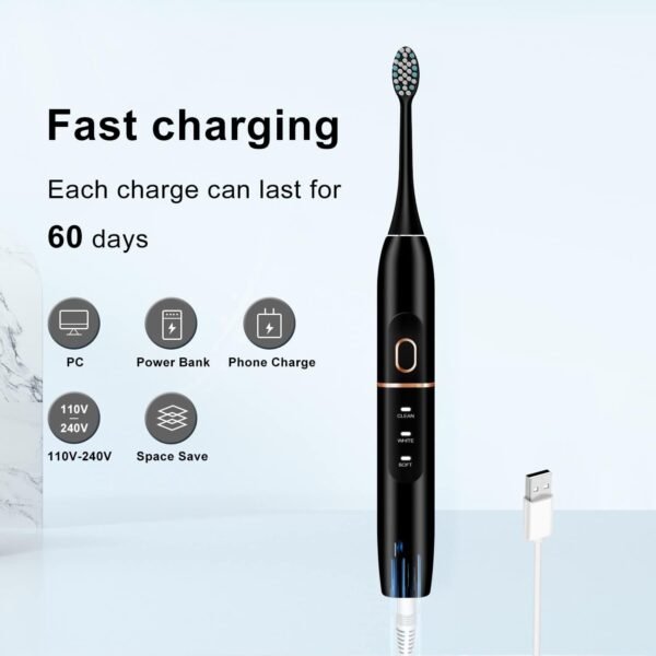 Electric Toothbrush Set, Comes with 8 Brush Heads & Travel Case,4 Modes with 2 Minutes Built in Smart Timer, One Charge for 60 Days, 42000 VPM Motor (Black) - Image 6