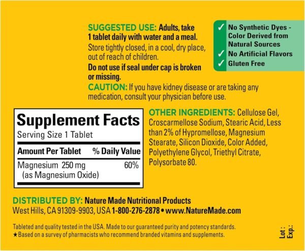 Nature Made Magnesium Oxide 250 mg, Magnesium Supplement for Muscle, Heart, Bone and Nerve Health Support, 200 Tablets, 200 Day Supply - Image 5
