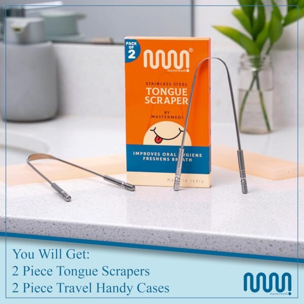 MasterMedi Tongue Scraper for Adults with Multicolor Travel Cases (2 Pack), 100% Stainless Steel, Reduce Bad Breath, Tongue Scrubber, Easy to Use, Tongue Cleaner for Oral Care & Hygiene - Image 4
