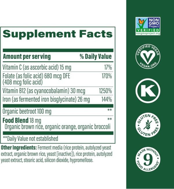 MegaFood Blood Builder Minis, Iron Supplement Clinically Shown to Increase Iron Levels Without Side Effects - Vegan Supplement with Vitamin C, Vitamin B12 & Folic Acid, 72 Tablets (36 Servings) - Image 3