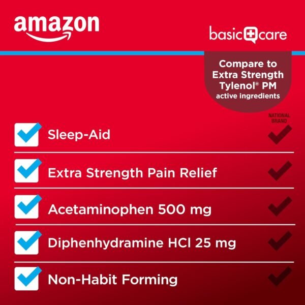 Amazon Basic Care Acetaminophen PM Caplets, Pain Reliever Plus Nighttime Sleep Aid, Extra Strength, Helps Occasional Minor Aches, Pains and Headache Relief, 100 Count, Packaging may vary - Image 3