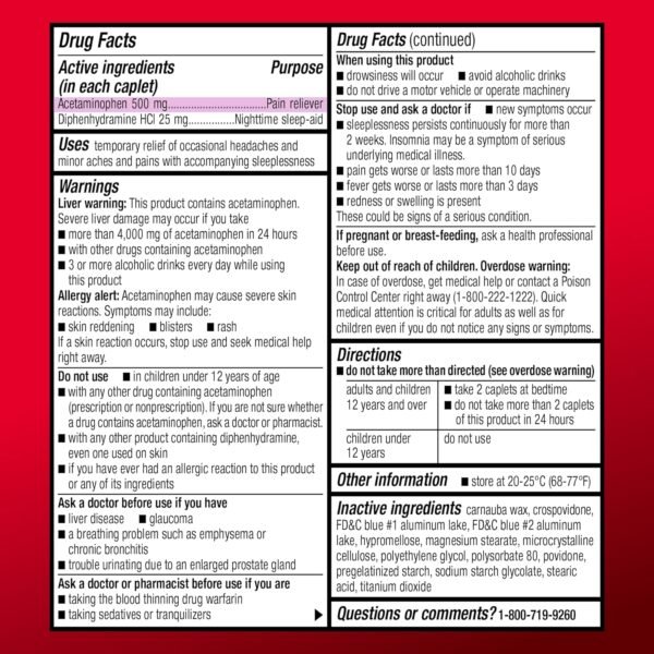 Amazon Basic Care Acetaminophen PM Caplets, Pain Reliever Plus Nighttime Sleep Aid, Extra Strength, Helps Occasional Minor Aches, Pains and Headache Relief, 100 Count, Packaging may vary - Image 5