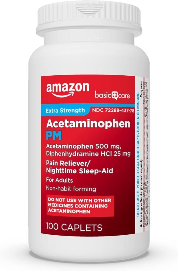 Amazon Basic Care Acetaminophen PM Caplets, Pain Reliever Plus Nighttime Sleep Aid, Extra Strength, Helps Occasional Minor Aches, Pains and Headache Relief, 100 Count, Packaging may vary - Image 8