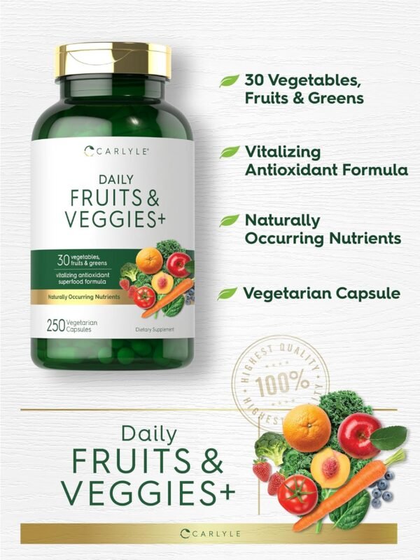Carlyle Fruits and Veggies Supplement | 250 Capsules | Made with 30 Fruits and Vegetables | Vegetarian, Non-GMO, Gluten Free Superfood Formula - Image 4