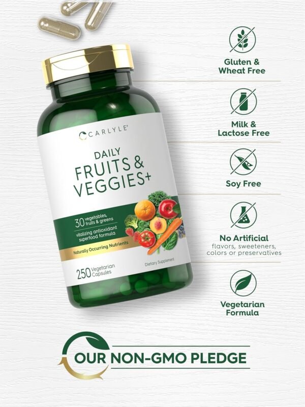 Carlyle Fruits and Veggies Supplement | 250 Capsules | Made with 30 Fruits and Vegetables | Vegetarian, Non-GMO, Gluten Free Superfood Formula - Image 5