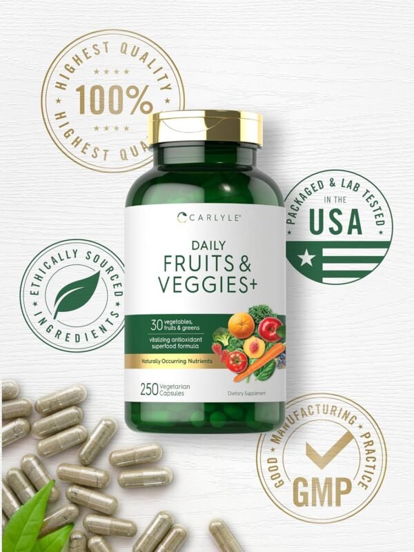 Carlyle Fruits and Veggies Supplement | 250 Capsules | Made with 30 Fruits and Vegetables | Vegetarian, Non-GMO, Gluten Free Superfood Formula - Image 6