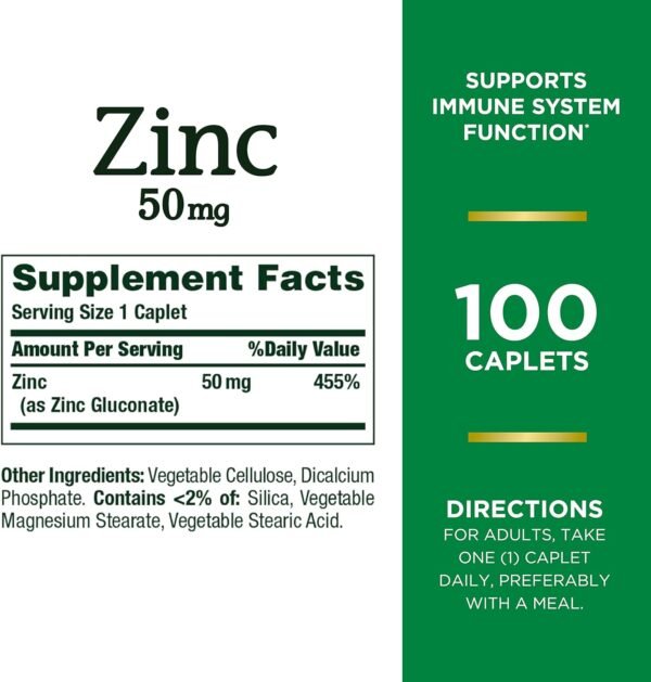 Nature's Bounty Zinc, Immune Support, 50 mg, Caplets, 100 Ct - Image 2