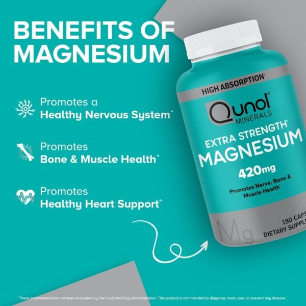 Qunol Magnesium Capsules 420mg, 100% DV, High Absorption Magnesium Supplement, Extra Strength, Bone and Muscle Health Supplement, 180 Count - Image 3