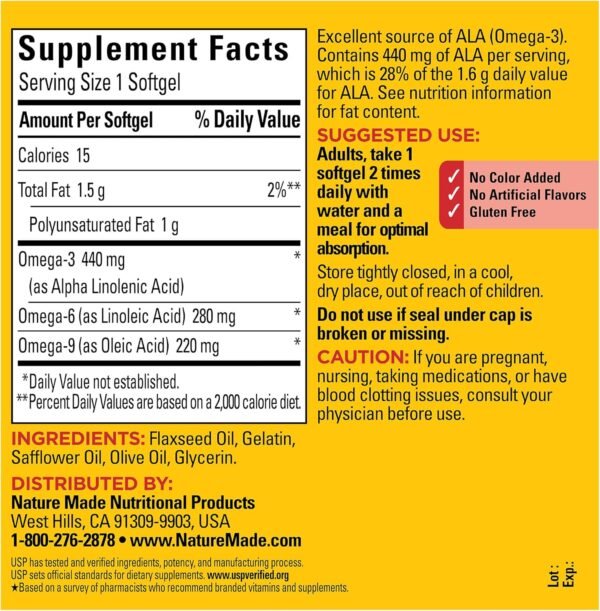 Nature Made Triple Omega 3 6 9 Supplements, Flaxseed, Safflower & Olive Oils, Fish Free Omega 3 Fatty Acid Supplement, 150 Softgels, 75 Day Supply - Image 5