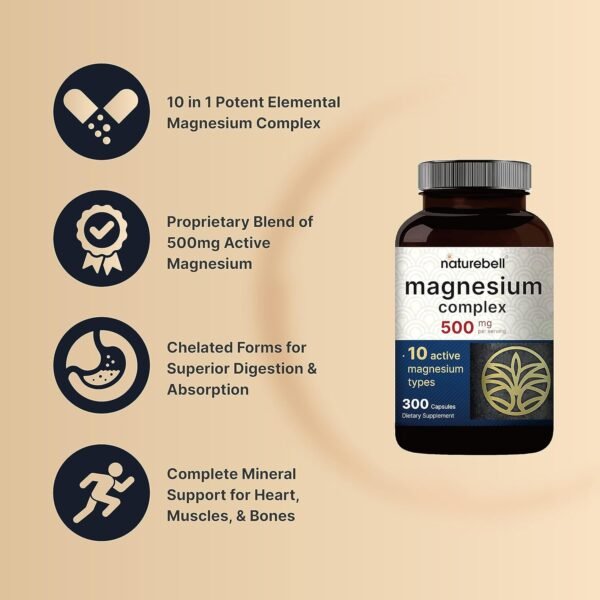 NatureBell Magnesium Complex Supplement 500mg, 300 Capsules | 10 Active Forms – Glycinate, Citrate, Taurate, Plus More | 100% Chelated & Purified | Bone, Heart, & Muscle Support | Non-GMO - Image 3