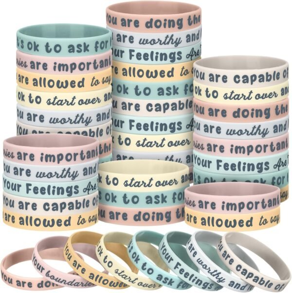 48 Pcs Mental Health Reminders Silicone Gifts Bulk Motivational Quote Colored Inspirational Rubber Wristbands Counseling Therapy for End of Year Gifts Mental Health(Light Color,Motivational)