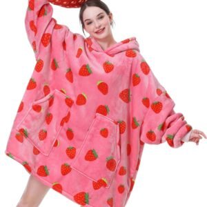 Aemicion Strawberry Blanket Hoodie,Oversized Sherpa Wearable Hooded Blanket,Warm Cozy Sweatshirt Gifts for Women Girls Adult