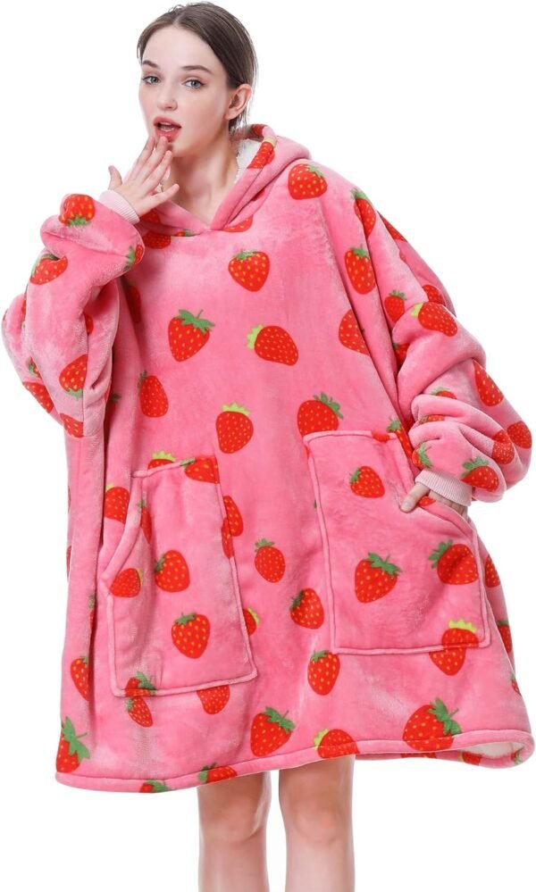 Aemicion Strawberry Blanket Hoodie,Oversized Sherpa Wearable Hooded Blanket,Warm Cozy Sweatshirt Gifts for Women Girls Adult - Image 2