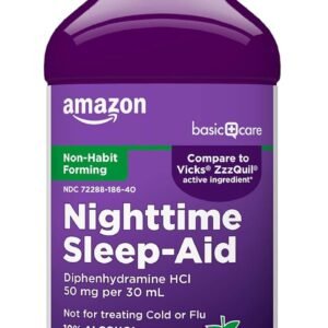 Amazon Basic Care Night Time Sleep-Aid Liquid for Adults, Diphenhydramine HCl 50 mg, Mixed Berry Flavor, Packaging May Vary, 12 fl oz (Pack of 1)