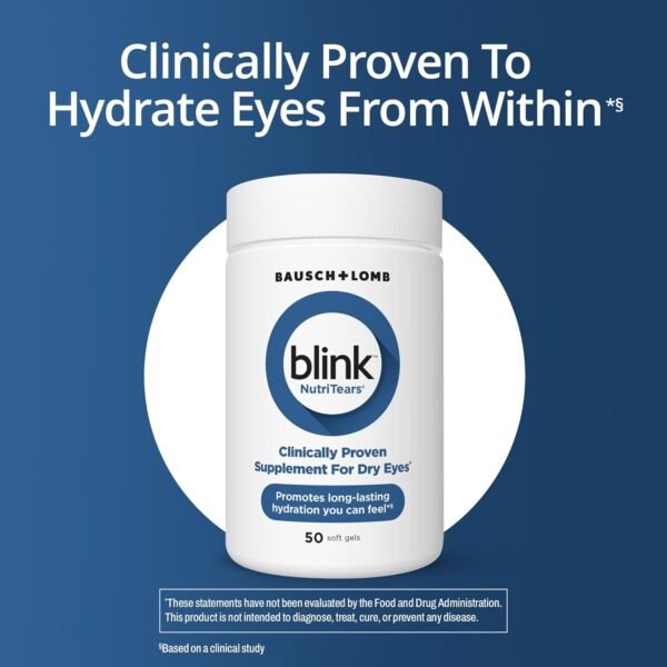 BLINK NutriTears Clinically Proven Supplement for Dry Eyes, Eye Care with Lutein & Zeaxanthin and Vitamin D to Hydrate Eyes from Within for Long-Lasting Relief, 50 Softgels - Image 2