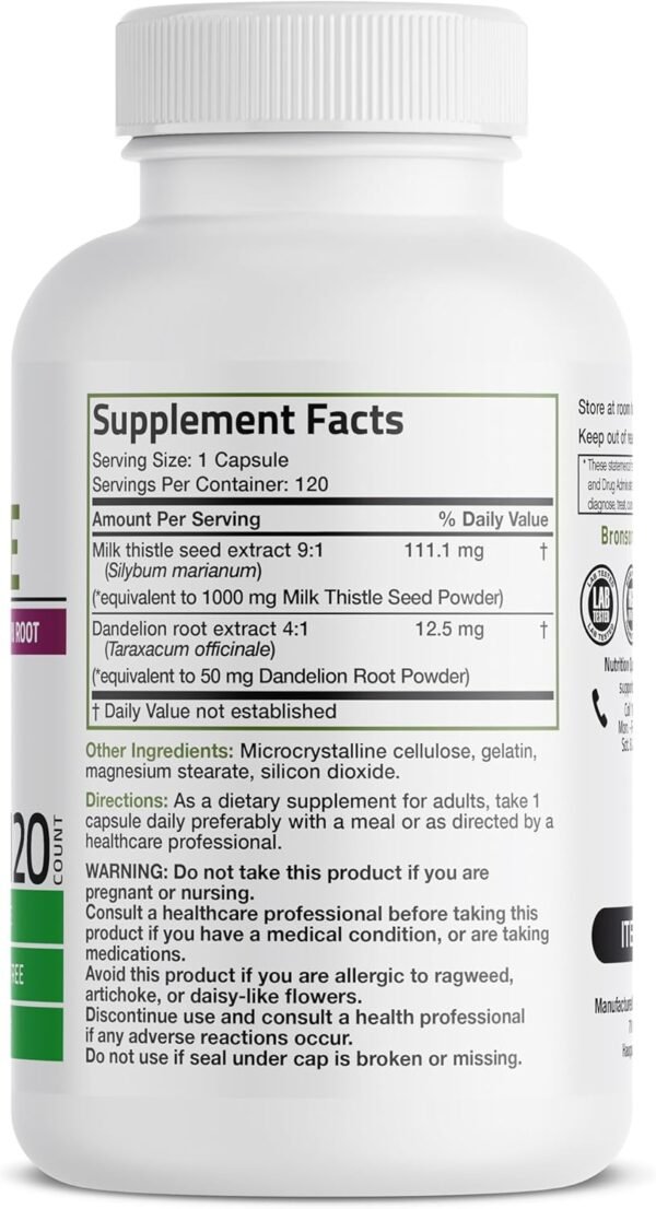 Bronson Milk Thistle Silymarin Marianum & Dandelion Root Liver Health Support, Antioxidant Support, Detox, 120 Capsules - Image 2