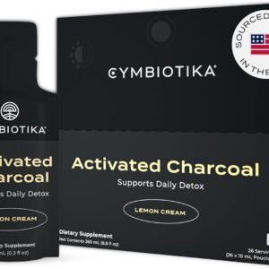 CYMBIOTIKA Activated Charcoal Liquid Supplement with Vitamin E, Gut Health & Digestive Support for Adults, Helps Cleanse, Detox, Support Gas, Bloating, Lemon Cream Flavor, Vegan, 10ml Pouches, 26 Pack